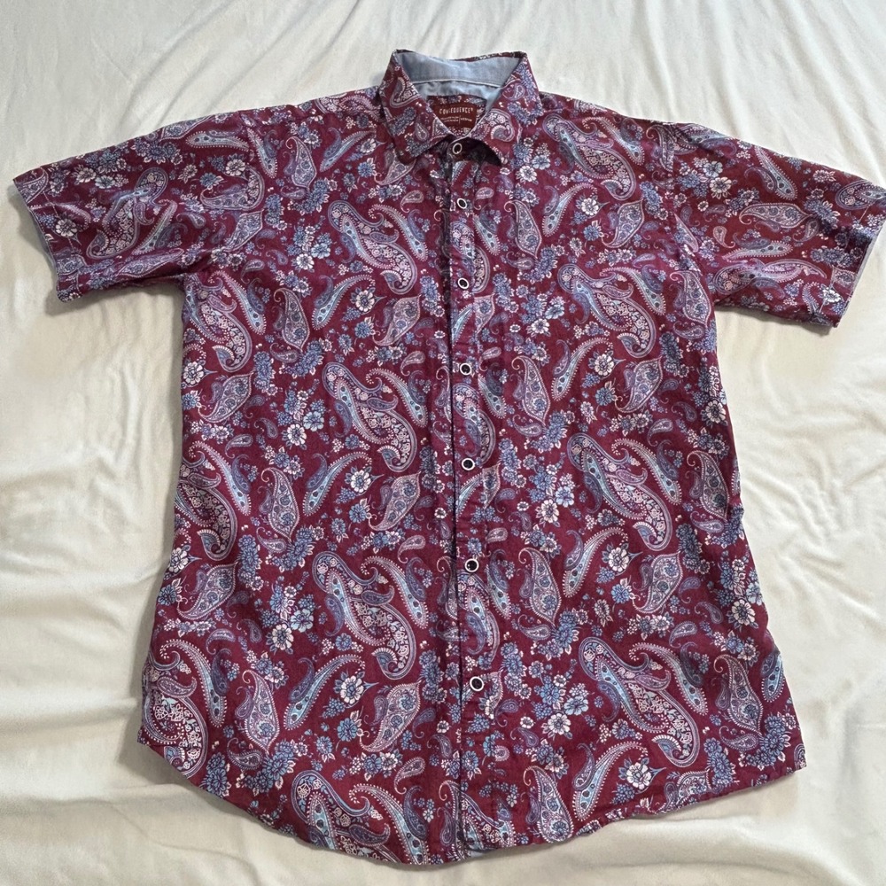 Consequence Mens Paisley Short Sleeve Button Down Shirt Fig Sky Blue Size Medium